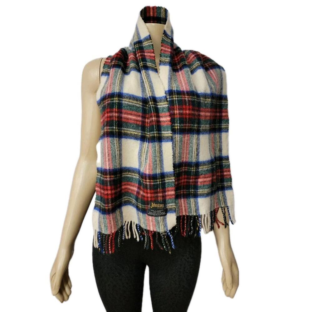 Johnstons Of Elgin Scarf Men's Blue Green Plaid 100% Lambswool Fringed #C3